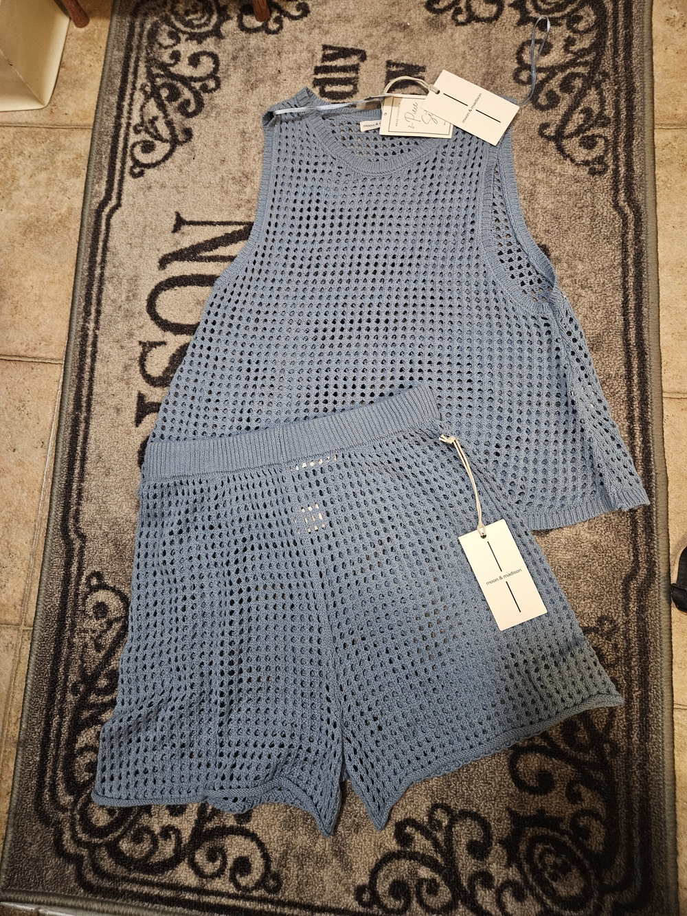 moon & madison Light Blue Open-Knit Tank Top and Shorts Fit Small. M Tag